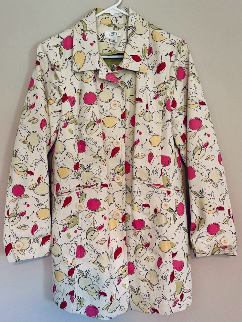 Vintage LOFT Trench Coat with Pink, Green, Yellow Fruit Print